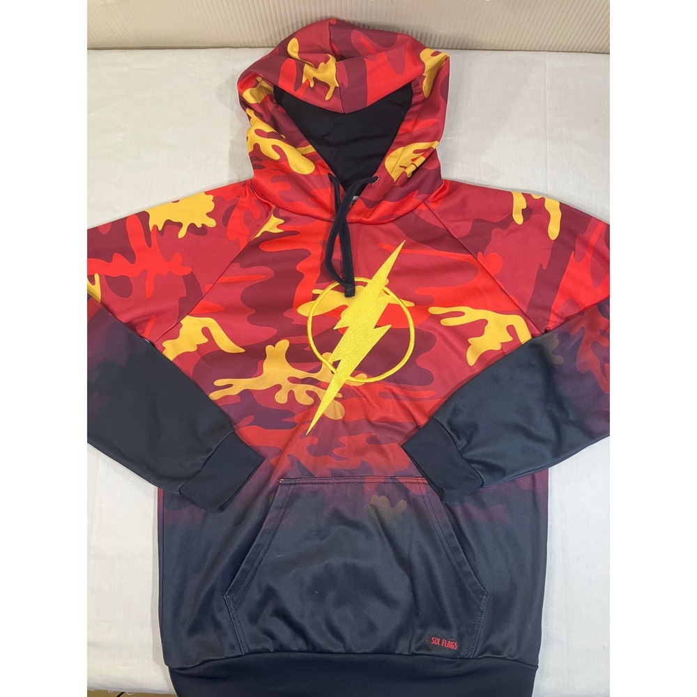 Six Flags DC Comics The Flash Red Camo Ombre Hoodie Mens Small Embroidered Logo